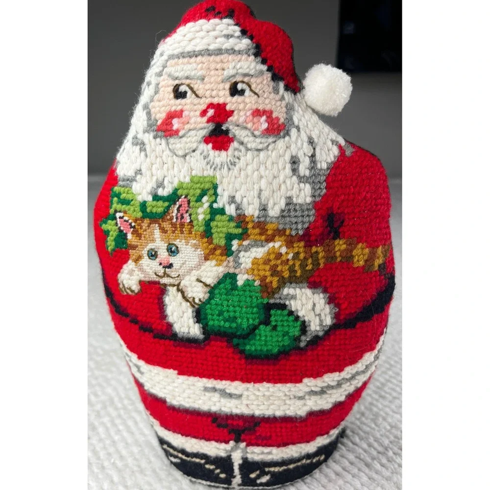 Handmade Needlepoint Santa Claus Holding Cat Christmas Ornament Figurine